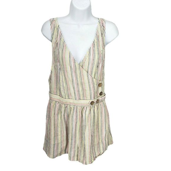 Vintage Havana‎ Multi Color Stripe Romper Linen Overall Shorts Large - Picture 1 of 15